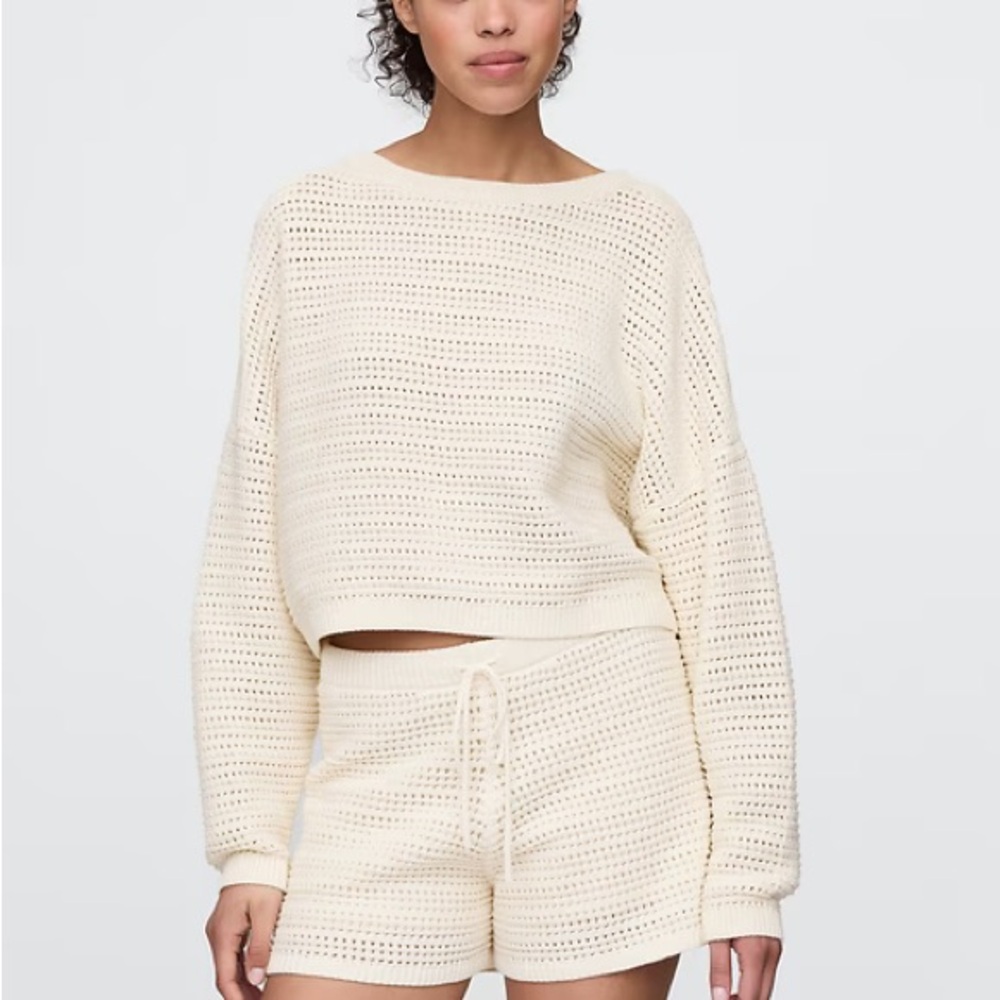 TALL 100% Cotton GAP Crochet Boatneck Crop Sweater M Tall Ivory Frost